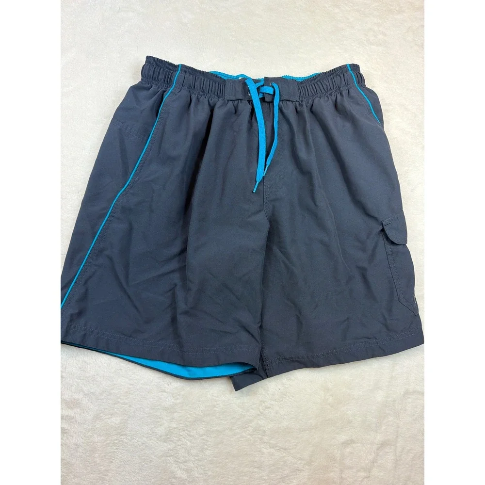 Speedo Mens Swim Trunks Gray Turquoise Cargo Pocket Mesh Lined Board Shorts L